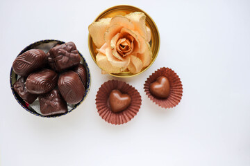 chocolate candies in a beautiful gift box isolated on white background 