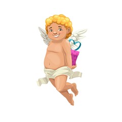 Cupid or Amur angel with surprise gift box vector design of Valentine Day or wedding card. Cartoon smiling Cherub, Amour or Eros character hiding box of romantic love present behind back