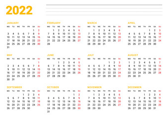 Calendar template for 2022 year. Business monthly planner. Stationery design. Week starts on Monday.