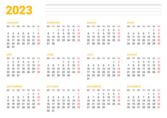 Calendar template for 2023 year. Business monthly planner. Stationery design. Week starts on Monday.