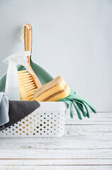 Cleaning service concept. Cleaning accessories in blue color.
