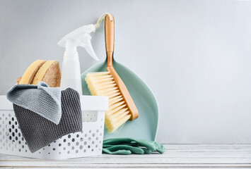 Cleaning service concept. Cleaning accessories in blue color.