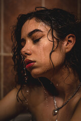 Woman under the shower after abuse crying