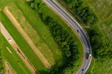 Winding road and dangerous turns, serpentine roads from a bird's eye view.