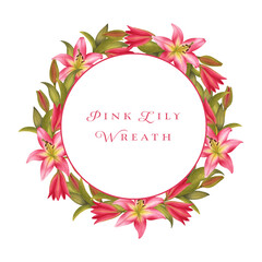 Pink lily wreath, watercolor lily flowers frame