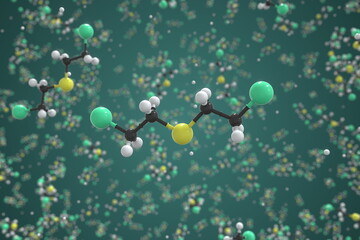 Mustard gas molecule made with balls, conceptual molecular model. Chemical 3d rendering