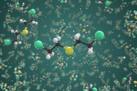 Mustard gas molecule made with balls, conceptual molecular model. Chemical 3d rendering
