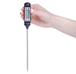 Digital food thermometer in hand on white background isolation