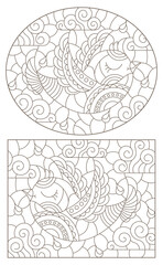 Set of contour illustrations in stained glass style with cute birds on a cloudy sky background, dark outlines on a white background