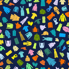 Seamless pattern of Apparel, colored different clothes of men and women vector illustration