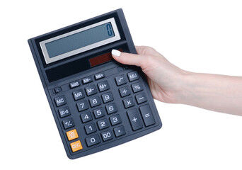 Calculator in hand on white background isolation