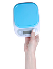 Kitchen scales in hand on white background isolation