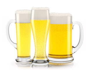 Set of fresh light beer glasses with bubble froth isolated on white background.