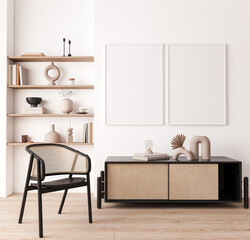 Poster frame mock up in living room interior, modern furniture and wooden decorative, rattan cabinet, black wicker chair, 3d render