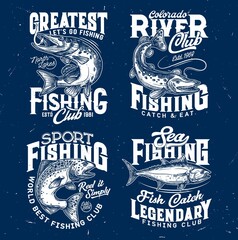 Fototapeta premium Fishing sport t-shirt prints of salmon, pike, tuna. Sketch vector fishing club, marine or freshwater fish symbols for t-shirt. Fishing sport engraved prints of apparel design
