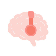 Science podcast concept design. Brain with headphones vector illustration. Logo symbol for science or psychology show. Audio meditation for mental health. Creative broadcasting