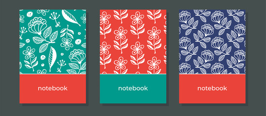 Notebook covers page template. Cover for sketchbook, planners, brochures, books, catalogs, notebook A4 format. Seamless flower and leaves green, red, blue pattern.