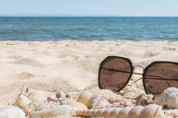 Sunglasses and seashells on white sand of tropical beach by seashore, summer seascape, sea relax and resort vacation
