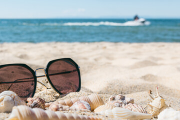 Fototapeta na wymiar Sunglasses and seashells on white sand of tropical beach by seashore, summer seascape, sea relax and resort vacation