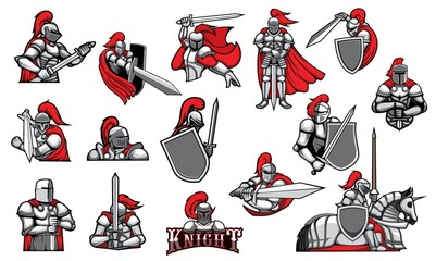 Knights with swords, isolated heraldic vector mascots. Heraldic symbols of royal knight in helmet with red plumage, ancient soldiers. Medieval warriors or guard icons with blade in armour and cape - obrazy, fototapety, plakaty