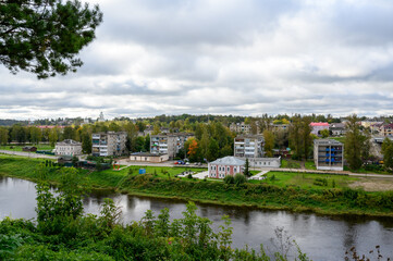 Fototapeta na wymiar View of the Volga River and Krasnoarmeiskaya Embankment, Rzhev, Tver region, Russian Federation, September 20, 2020