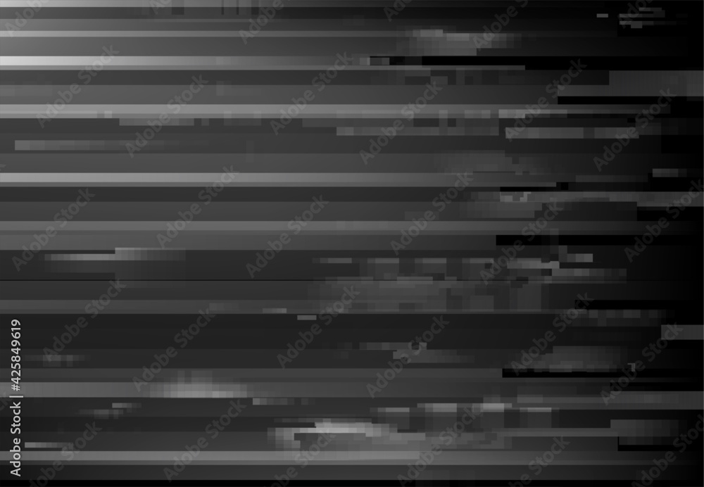 Poster Monochrome screen glitch, signal loss digital noise background. Broken computer monitor or TV display, VHS cassette fail or program bug vector background. Pixels on glitching screen effect