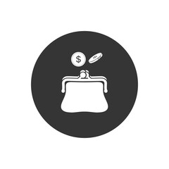 Purse and falling coins white icon. Vector illustration