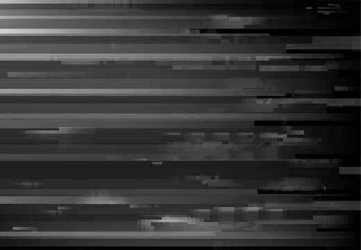 Monochrome screen glitch, signal loss digital noise background. Broken computer monitor or TV display, VHS cassette fail or program bug vector background. Pixels on glitching screen effect