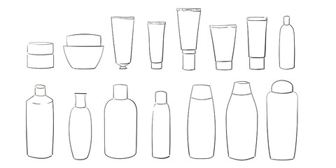 Set of vector drawn jars and tubes with cosmetics. Mockup. Vector black and white linear icons for beauty website, social media. Skin care products packaging. Collection of simple icons