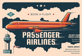 Passenger airline tickets booking service vintage vector poster. Airliner flying in sky, airport tower building and windsock. Airline travel and airplane commercial flight plan promo retro poster