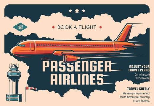 Passenger Airline Tickets Booking Service Vintage Vector Poster. Airliner Flying In Sky, Airport Tower Building And Windsock. Airline Travel And Airplane Commercial Flight Plan Promo Retro Poster