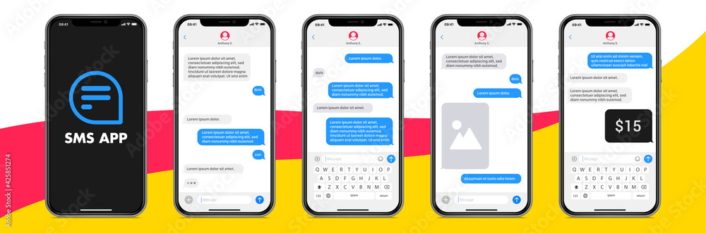 Poster sms app template on smartphone device vector set. isolated messenger application and phone mockup on