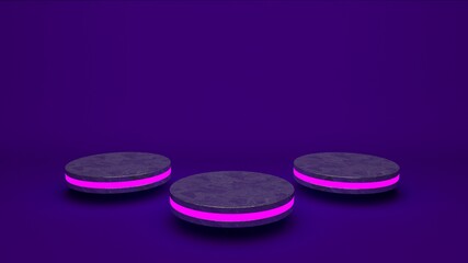 Purple marble product stand futuristic or podium pedestal on empty display with purple backdrops. 3D rendering.
