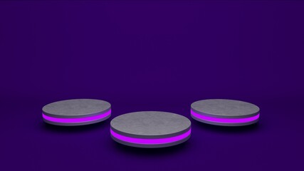 Marble product stand futuristic or podium pedestal on empty display with purple backdrops. 3D rendering.