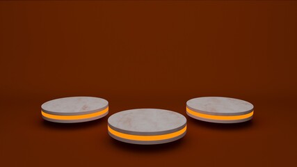 Orange marble product stand futuristic or podium pedestal on empty display with orange backdrops. 3D rendering.