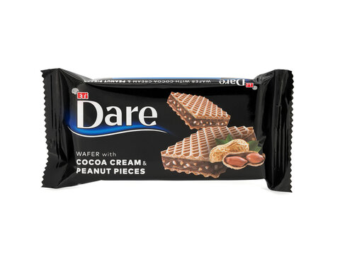 BUCHAREST, ROMANIA - November 15, 2020. Eti Dare Wafer with cocoa cream and peanut pieces isolated on white