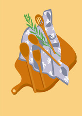 Cutting board with wooden spoons. Kitchen cooking.