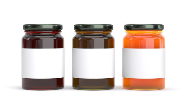 orange marmalade or maple syrup or jam in glass jar isolated mockup template - 3d render