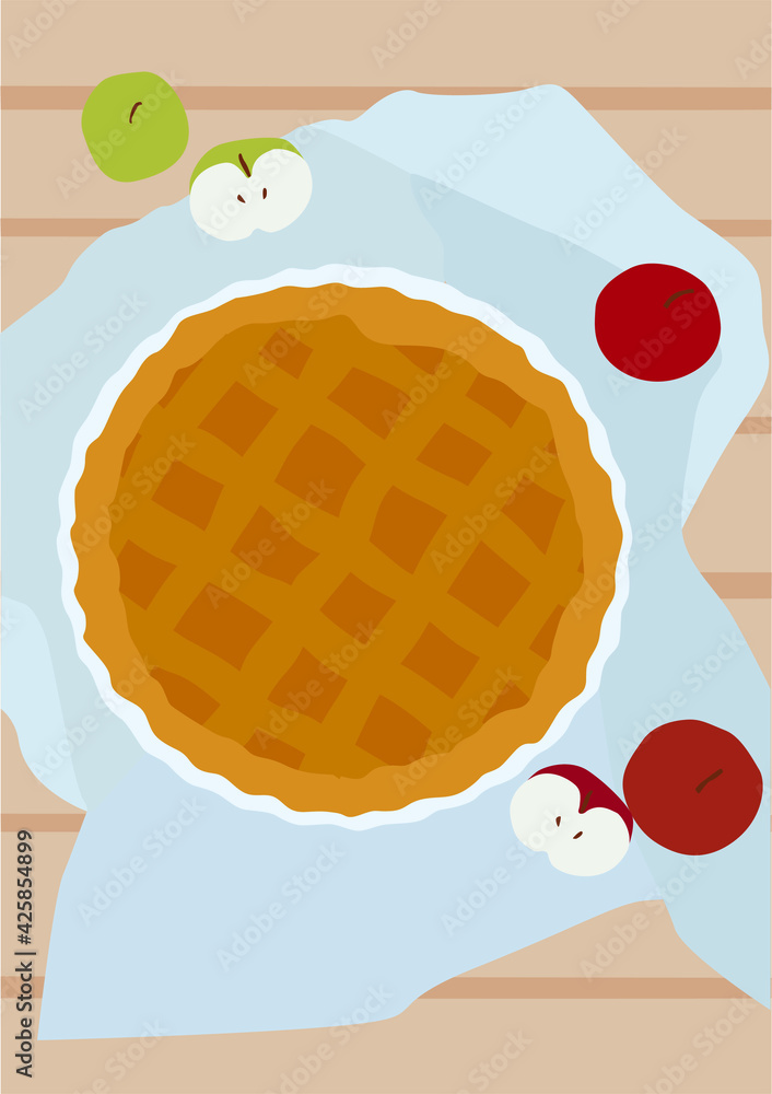 Poster apple pie on the table with a tablecloth and apples on the white isolated background.