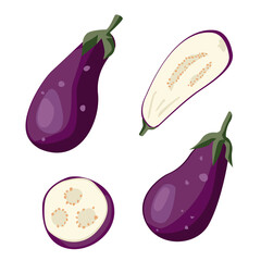 Set with eggplants Eggplants, eggplant slices on white background