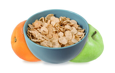 Cornflakes in a bowl with apple and orange on an isolated white background. The concept of losing weight, healthy eating.