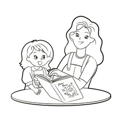 Coloring book mom reading a book to her daughter.Vector illustration, black and white line art