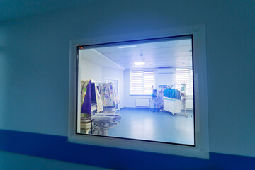 Epidemic virus window for treatment patients. Medical window for emergency ward in modern hospital.