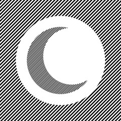 A large moon symbol in the center as a hatch of black lines on a white circle. Interlaced effect. Seamless pattern with striped black and white diagonal slanted lines