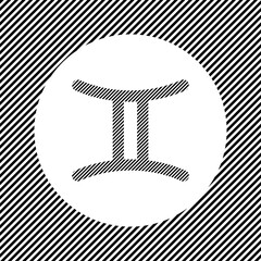 A large zodiac gemini symbol in the center as a hatch of black lines on a white circle. Interlaced effect. Seamless pattern with striped black and white diagonal slanted lines