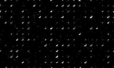 Seamless background pattern of evenly spaced white hare symbols of different sizes and opacity. Vector illustration on black background with stars