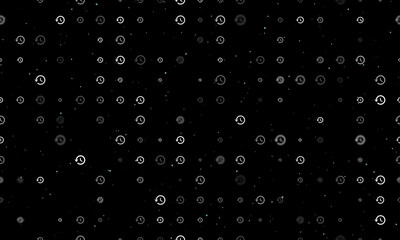 Seamless background pattern of evenly spaced white time back symbols of different sizes and opacity. Vector illustration on black background with stars