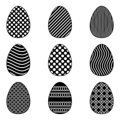 Set Easter eggs with different pattern on white background. Black icons collection for your design. Vector illustration