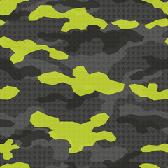 Camouflage geometric seamless pattern from gray and yellow spots. Military texture. Modern vector design of fabric and clothing