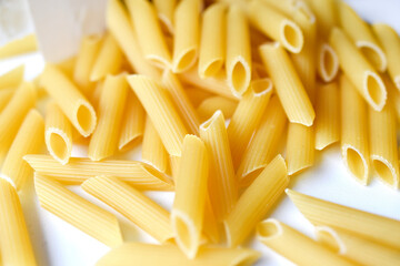 Yellow delicious pasta close-up from the store